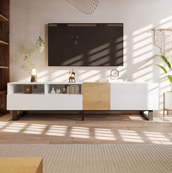 TV-Schrank 180 x 50 x 38 cm in Weiß- und Holzoptik – moderner Stauraum mit 2 Schubladen