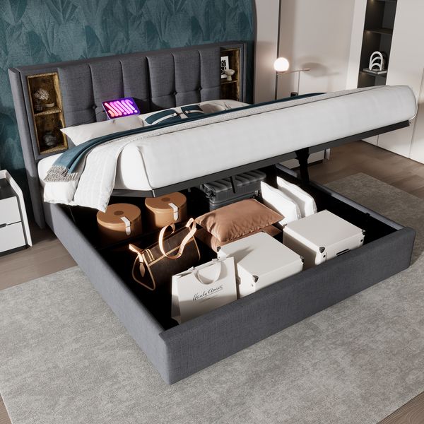 Doppelbett mit Kabellosem Laden USB C, Polsterbett Bettgestell 180x200 cm,Bettgestell mit Stauraum Lattenrost aus Holz-Grau Baumwolle (Ohne Matratze)