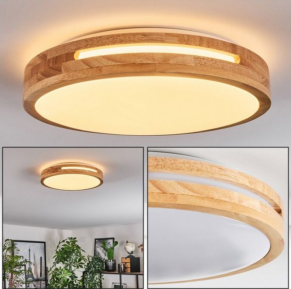 hofstein Deckenleuchte moderne Deckenlampe aus Metall/Bambus/Kunststoff in Weiß/Natur, LED wechselbar, 3000 Kelvin, Leuchte im angesagten Boho-Design (30cm), 1700 Lumen, LED 16 W