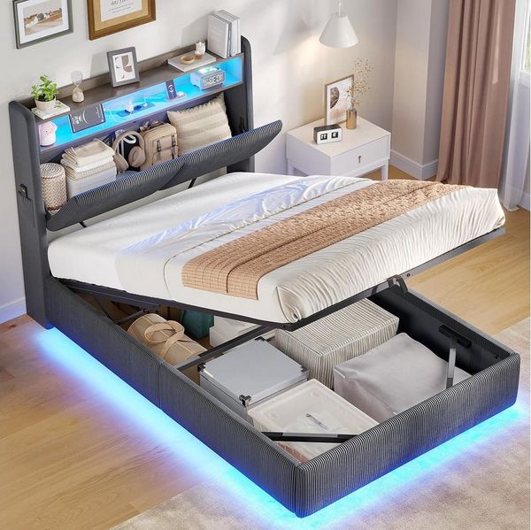 MSMASK Polsterbett mit LED-Beleuchtung und integrierter Ladestation, Stauraum-Kopfteil (Ohne Matratze), Jugendbett mit hydraulischem Stauraum, 90x200 cm