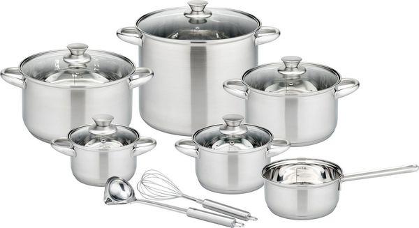 GSW Topf-Set Rigo, Edelstahl (Set, 13-tlg, Kochtopf 14/16/20/24 cm, 1 Stielkasserolle 16 cm, Gemüsetopf 26 cm), Literskala, Induktion, inkl. Küchenhelfer