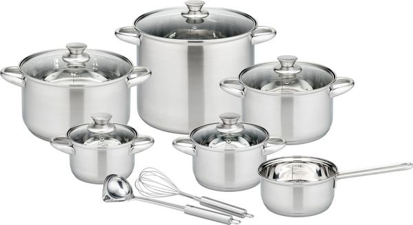 GSW Topf-Set Rigo, Edelstahl (Set, 13-tlg, Kochtopf 14/16/20/24 cm, 1 Stielkasserolle 16 cm, Gemüsetopf 26 cm), Literskala, Induktion, inkl. Küchenhelfer