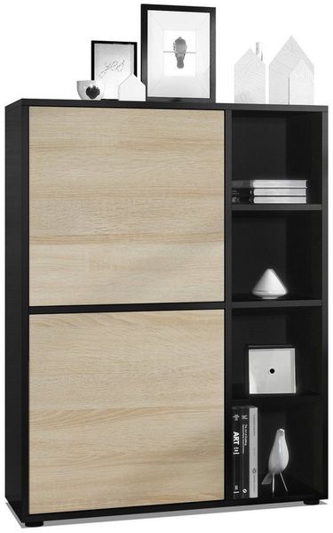Highboard Schrank Anrichte Cuba mit 8 Fächern, Korpus in Schwarz matt / Fronten in Eiche sägerau