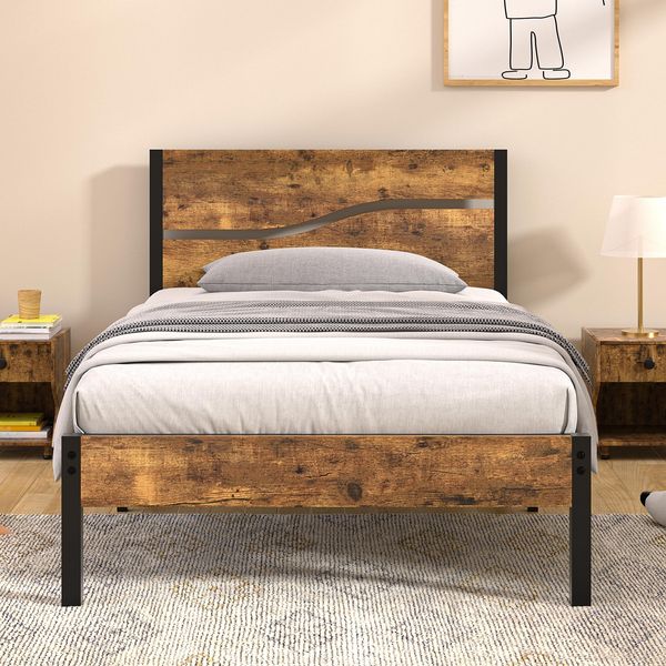 Bettgestell 90x200 cm, Einzelbett mit Metall Lattenrost und Dickem Holzkopfteil, Stabil Geräuschlos, Gästebett und Jugendbett für Schlafzimmer, Braun