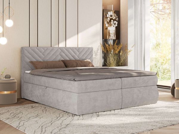 Boxspringbett AVERTA 160 x 200 cm mit Bettkasten und Topper, Doppelbett mit Bonnell-Federkernmatratze, gepolstertem Kopfteil, Stauraum, modernes Schlafzimmer Bett - Hellgrau Schenille glatt - H3