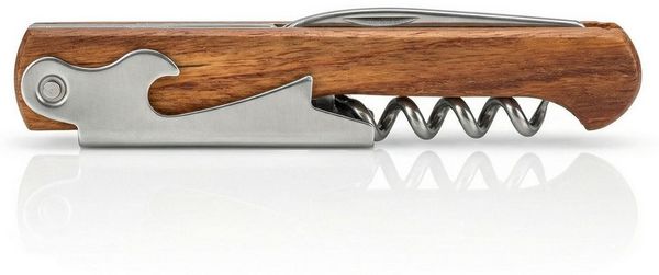 Arendo Korkenzieher Edelstahl Weinöffner, Flaschenöffner, Tasschenmesser, Folienschneider, (1 tlg, für Wein, Picknick und Gastronomie), elegantes Kellnerbesteck, ergonomischer Holz Griff, Robust & kompakt