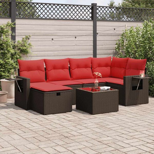vidaXL 7-tlg. Garten-Sofagarnitur mit Kissen Braun Poly Rattan 3325500