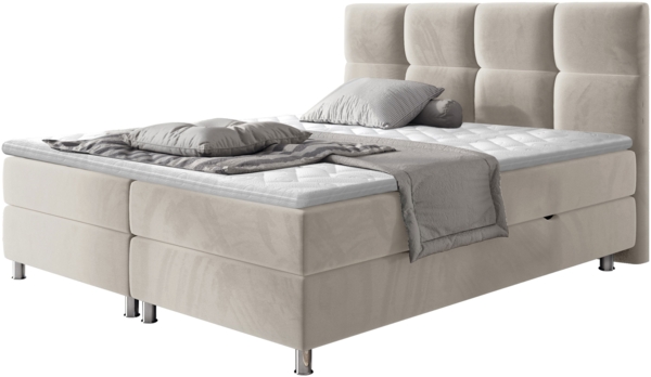 Mirjan24 'Evan' Boxspringbett mit Bettkästen, Bonellfederkernmatratzen & Topper, Kopfteil gesteppt und gepolstert, Beige, 180x200 cm