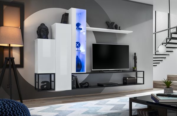 Hängende Wohnwand Switch M8 in Weiß und Schwarz 240 x 151 cm 8-teilig