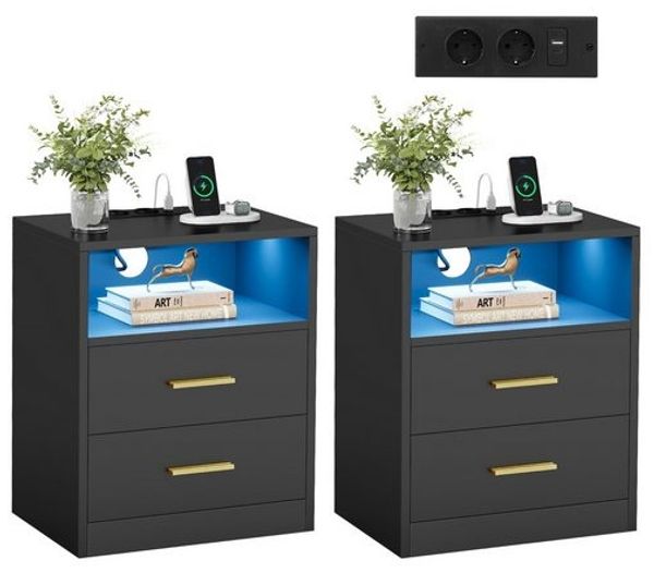 VASAGLE Beistelltisch mit Schubladen, 2er Set, Nachttisch aus Holz, Schlafzimmer, Massivholzbeine, schwarz