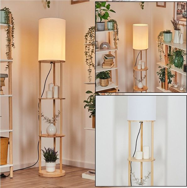 hofstein Stehlampe Stehlampe aus Holz/Stoff in Naturfarben/Weiß, ohne Leuchtmittel, Schirm Ø26cm, Ablageflächen u. Fußschalter, 1 x E27, ohne Leuchtmittel