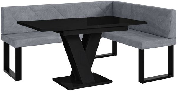 MEBLINI Eckbank für Esszimmer mit ausziehbarem Tisch - Küchenbank - Essecke - Sitzecke Küche - ERIC - U-Beine 128x168x87cm Rechts - Grau Samt/M Schwarz Hochgl.