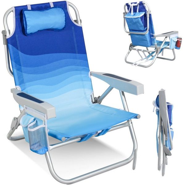 HOMECALL Klappstuhl Strandstuhl Leicht Klappbar Camping, 5-fach verstellbare Rückenlehne (Bis150KG Aluminiumrahmen, groBe Kuhitasche und Aufbewahrungstasche, 1 St), Seitentaschen, Kopfstütze, Schultergurten, Handtuchhalter Bild 2