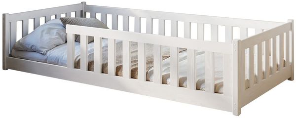 Kids Collective Kinderbett Bodenbett Bett mit Rausfallschutz & Lattenrost Montessori Bett Kinder (Jungen, Mädchen, Kinder, weitere Größen 80x160, 80x180, 90x190, 120x200, 140x200 cm), Jugendbett Gitterbett Einzelbett, weiß Kiefer 90 x 200 cm