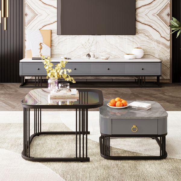 Couchtisch-Set aus 2, MDF mit Glasplatte & Schubladen, 60 x 60 x 44,5 + 50 x 50 x 34,5 cm, schwarz/grau