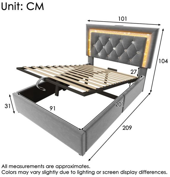 Ulife Polsterbett mit LED-Beleuchtung, Jugendbett, hydraulisches Staubett (1-tlg, Ohne Matratze), mit USB & Type-C Ladestation und Lattenrost, 90x200 cm