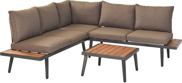 MERXX Gartenlounge-Set »Korfu«, (Set, 13-tlg, mit seitlicher Ablagefläche aus Kunststoff in Holzoptik), Eckbank ink. Sitz- und Rückenkissen