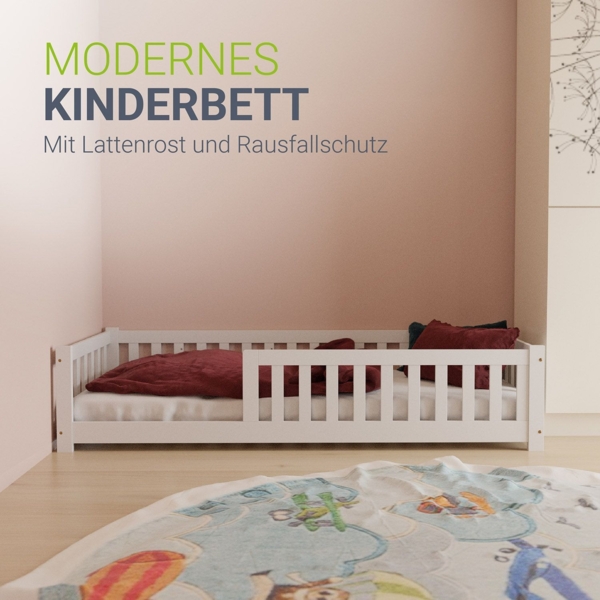 Juskys 'Naya' Kinderbett - mit Rausfallschutz & Lattenrost - Bodenbett für Kinder 3 -10 Jahre - modern, Holz Weiß, 120x200 cm Bild 2