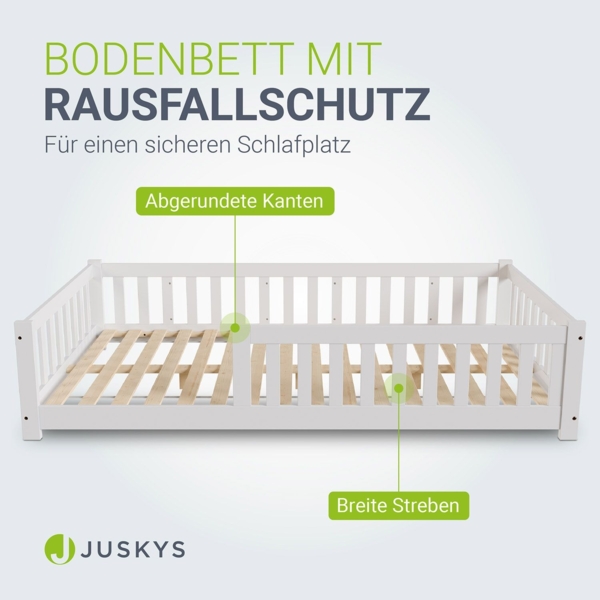 Juskys 'Naya' Kinderbett - mit Rausfallschutz & Lattenrost - Bodenbett für Kinder 3 -10 Jahre - modern, Holz Weiß, 120x200 cm Bild 4
