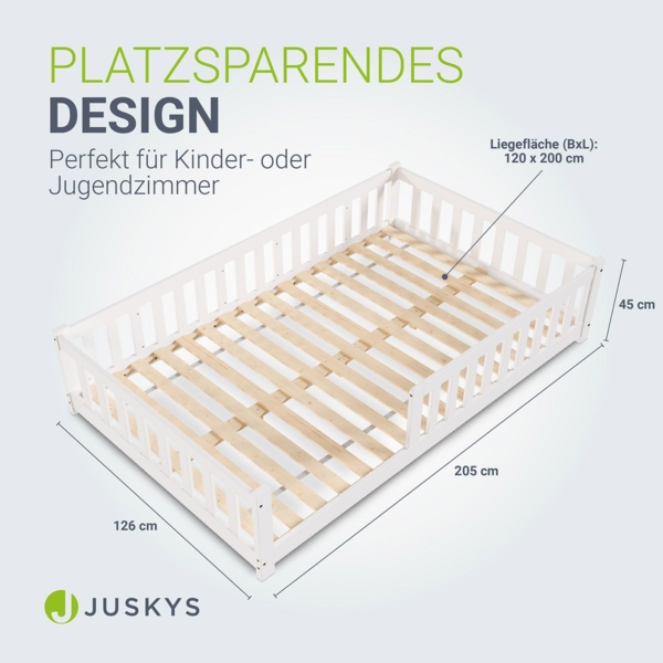 Juskys 'Naya' Kinderbett - mit Rausfallschutz & Lattenrost - Bodenbett für Kinder 3 -10 Jahre - modern, Holz Weiß, 120x200 cm Bild 5