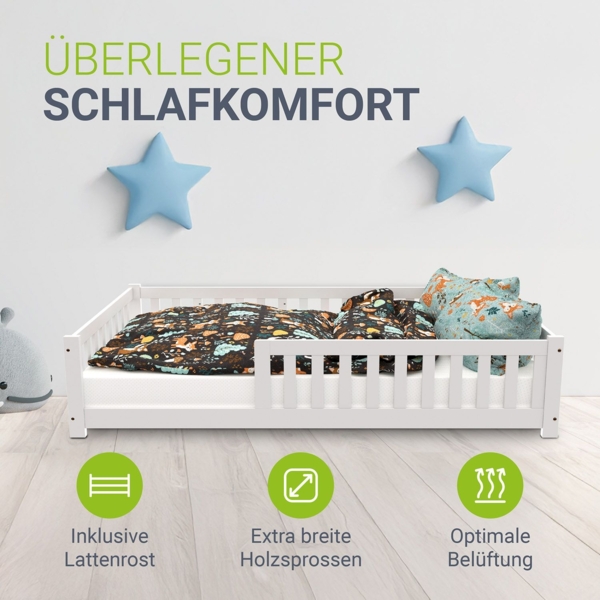 Juskys 'Naya' Kinderbett - mit Rausfallschutz & Lattenrost - Bodenbett für Kinder 3 -10 Jahre - modern, Holz Weiß, 120x200 cm Bild 6