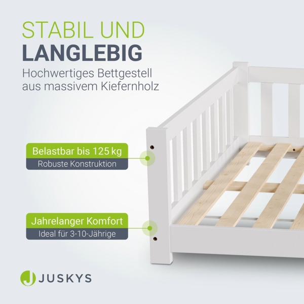 Juskys 'Naya' Kinderbett - mit Rausfallschutz & Lattenrost - Bodenbett für Kinder 3 -10 Jahre - modern, Holz Weiß, 120x200 cm Bild 3