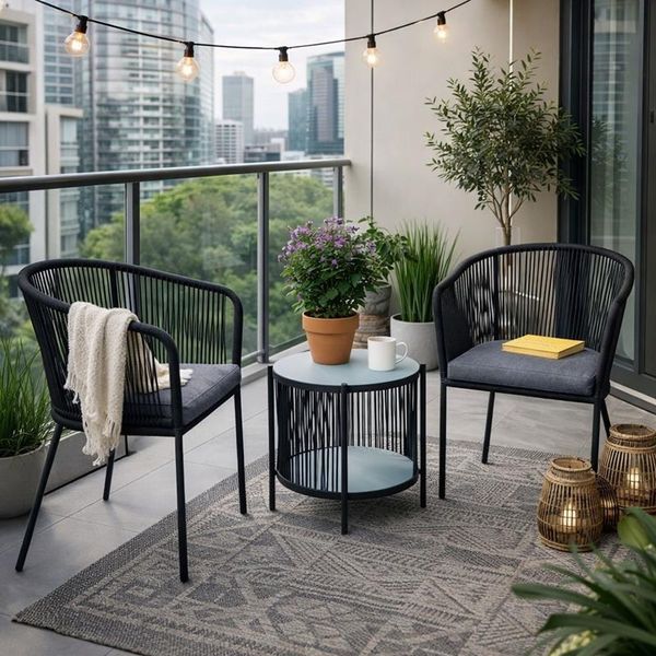Balkonset Gartenset Bistro Set Gartenmöbel Set Outdoor Rope Sitzgruppe Schwarz