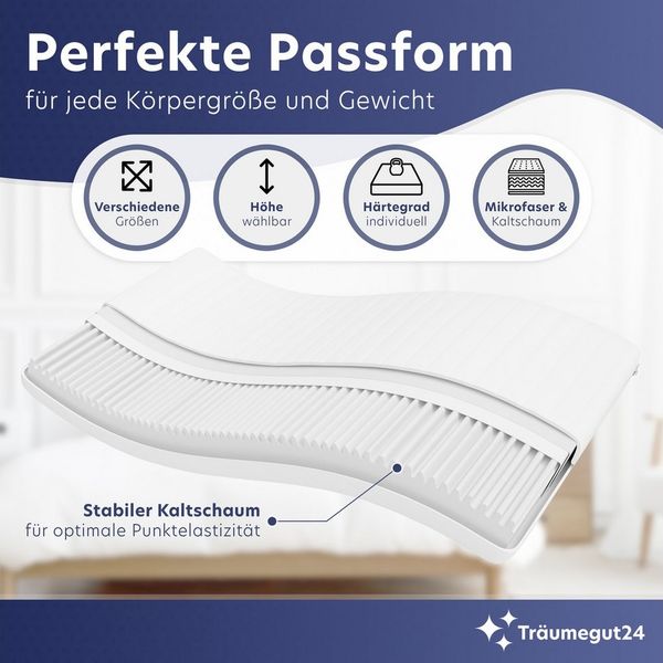 Träumegut24, Topper 10cm hoher ergonomischer 7-Zonen Kaltschaum Topper - H2&H3, 10 cm hoch, Kaltschaum, verschiedene Größen und Härtegrade