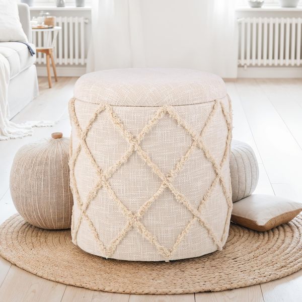 Sitzhocker mit Stauraum rund 40x40x45 cm Baumwolle Creme Boho Design abnehmbarer Deckel