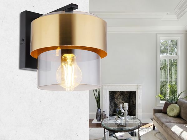 LED Wandleuchte mit Rauchglas Lampenschirm Messingring, Höhe 21,5cm