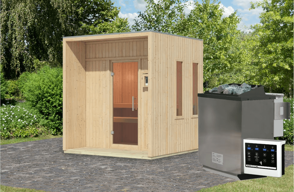 Karibu Sauna Arcadia mit 9 kW Bio-Ofen in zwei Farben erhältlich naturbelassen