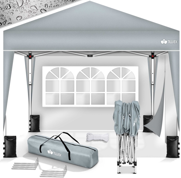 tillvex Pavillon 3x3m Grau wasserdicht mit 2 Seitenteilen + 4er Set Sandsäcke | Pop-Up Faltpavillon stabil & höhenverstellbar | Gartenzelt UV Schutz 50+ | Partyzelt mit Tasche für Garten