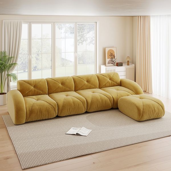 Flieks Modulares Sofa 4-Sitzer mit Hocker, Cloud Sofa mit runden Armlehnen, Chenille weich, rahmenlos bodennah, Lounge Sofa, Gelb