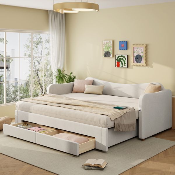 Polsterbett Ausziehbett 90/180x200 cm mit 2 Schubladen, USB & Typ-C, Samt Beige, ohne Matratze