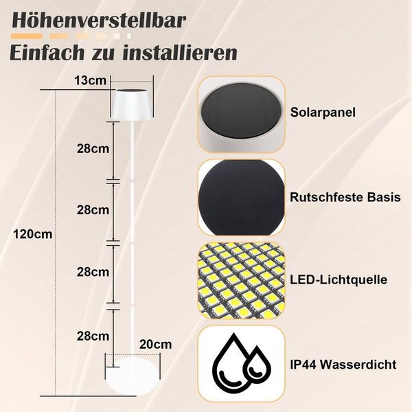 ZMH Außen-Stehlampe Solar Stehlampe Dimmbar LED Stehleuchte Weiß/Schwarz, LED fest integriert
