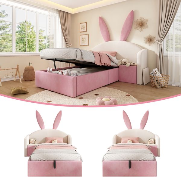 Jugendbett 90x200 cm Polsterbett Hydraulischer Stauraum, Bett mit Nachttisch & Hasenohren-Design, Samt, Beige & Rosa (Ohne Matratze)