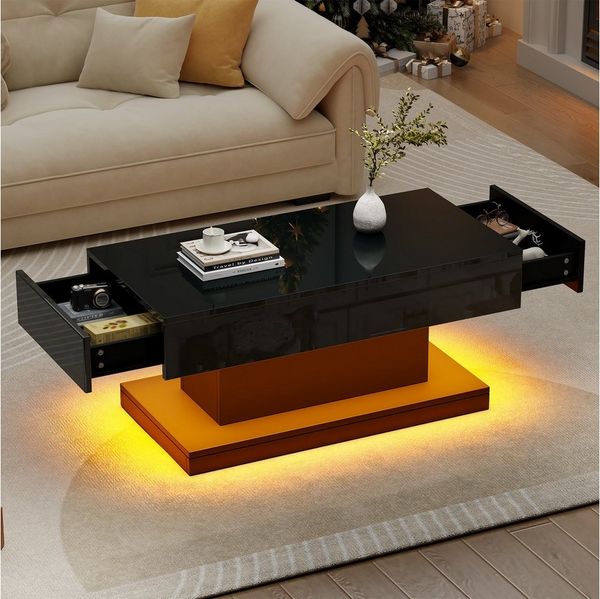 Merax Couchtisch Hochglanz Sofatisch Beistelltisch mit LED-Beleuchtung (1-St), Wohnzimmertisch mit 2 Schubladen & Stauraum, im I-Design, 100x50x45cm