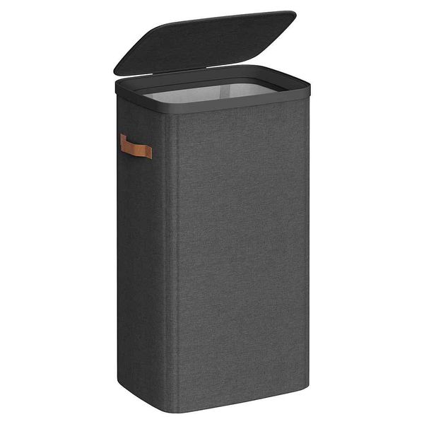SONGMICS Wäschekorb, 100 L Wäschesammler, Wäschetonne, leichter Aufbau, mit Deckel und Griffen, herausnehmbarer Wäschesack, 42 x 32 x 75 cm, tintenschwarz