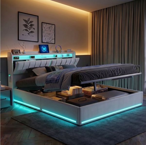 PXloue Polsterbett LED Doppelbett, Bettkasten, Ladefunktion, Samt, 140x200 cm