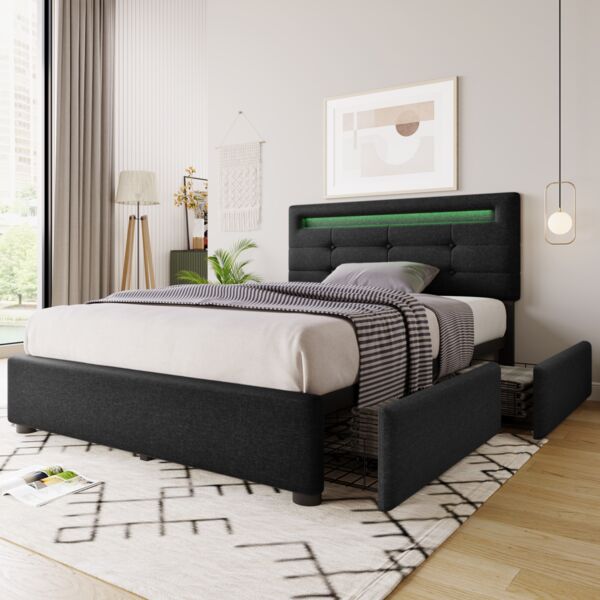 Polsterbettgestell, Leinen mit LED-Kopfteil & 2 Schubladen, 90x200 cm, 100,5x208x93,5-103 cm, Schwarz, ohne Matratze