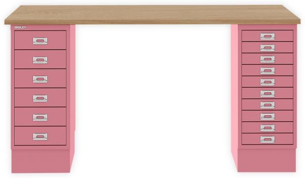 MultiDesk, 1 MultiDrawer mit 10 Schüben, 1 MultiDrawer mit 6 Schüben, Dekor natürliche Eiche, Farbe Pink, Maße: H 740 x B 1400 x T 600 mm