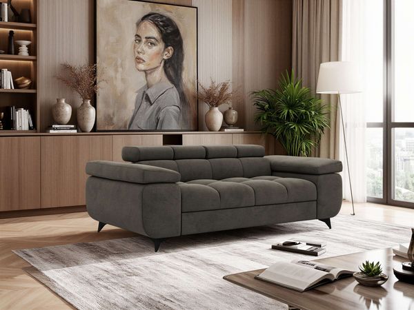 Sofa NIDELLA, 2-Sitzer, verstellbaren Kopfstütze, Wellenfeder, Polstersofa mit Armlehnen und schwarze Beine - Dunkelgrau Velvet