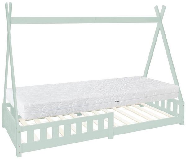 ML-DESIGN Spielbett Hausbett Tipi Zeltbett inkl. Lattenrost Bodenbett Kinder Himmelbett, Abenteuerbett mit Rausfallschutz Zelt Bett Kiefer Mint Kinderhaus