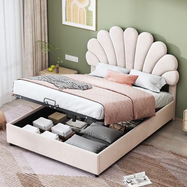 Polsterbett 140×200 cm mit Bettkasten und floralem Kopfteil, Beige, ohne Matratze