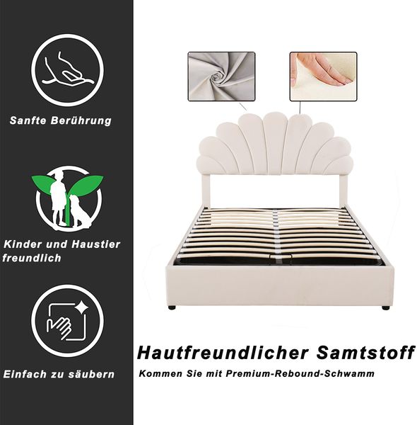 Polsterbett 140×200 cm mit Bettkasten und floralem Kopfteil, Beige, ohne Matratze Bild 3