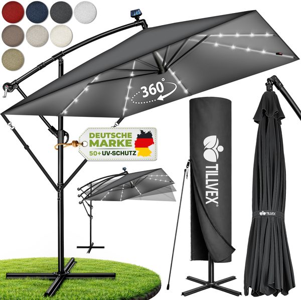 tillvex® Alu Sonnenschirm Rechteckig Ø 330 cm mit LED Solar Navy-Blau + Abdeckung mit Kurbel | Ampelschirm mit Ständer & Windschutz | Gartenschirm UV-Schutz, wasserdicht, 360° drehbar | Kurbelschirm Marktschirm