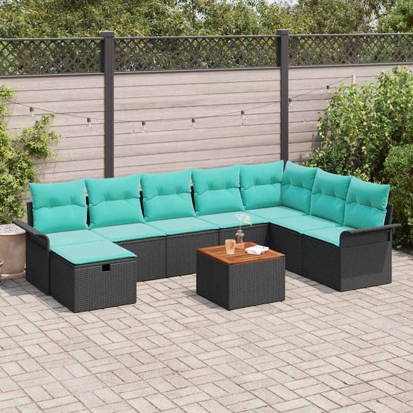 vidaXL Gartensofa-set mit Kissen 9 pcs Schwarz Poly Rattan 3360805