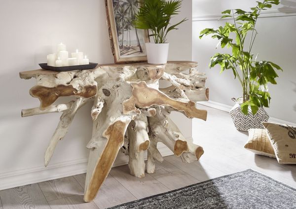 Konsolentisch Teak Wurzel verzweigt 120 x 40 x 80 weiß lackiert UNIKA #165