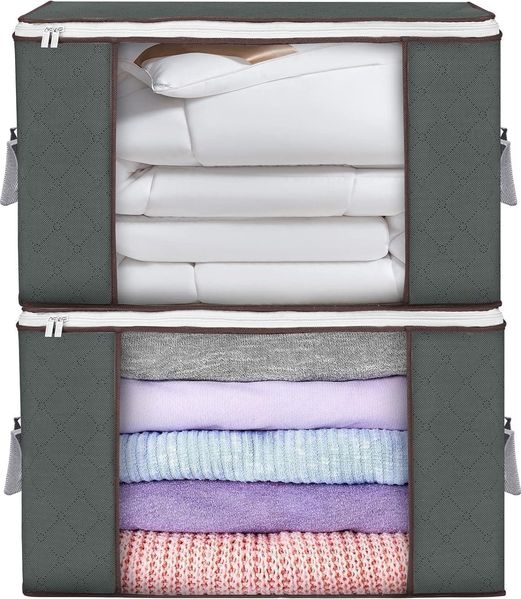 2x 90L Storage Bags Boxes Lid Large Moving Foldable Underbed Clothes Grey