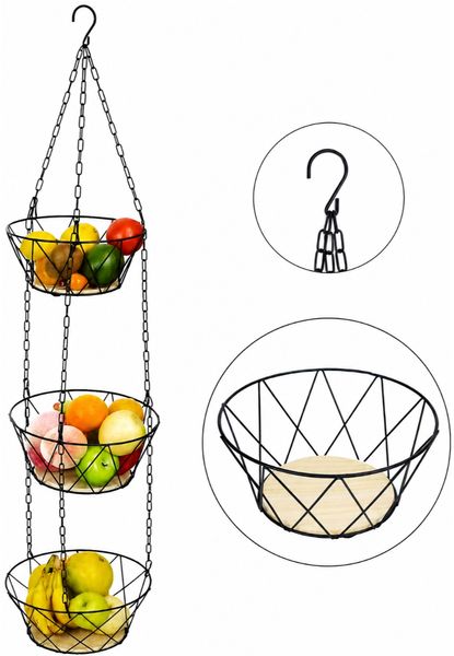 Obstkorb hängend 3 Etagen mit Holzboden und Metallkette